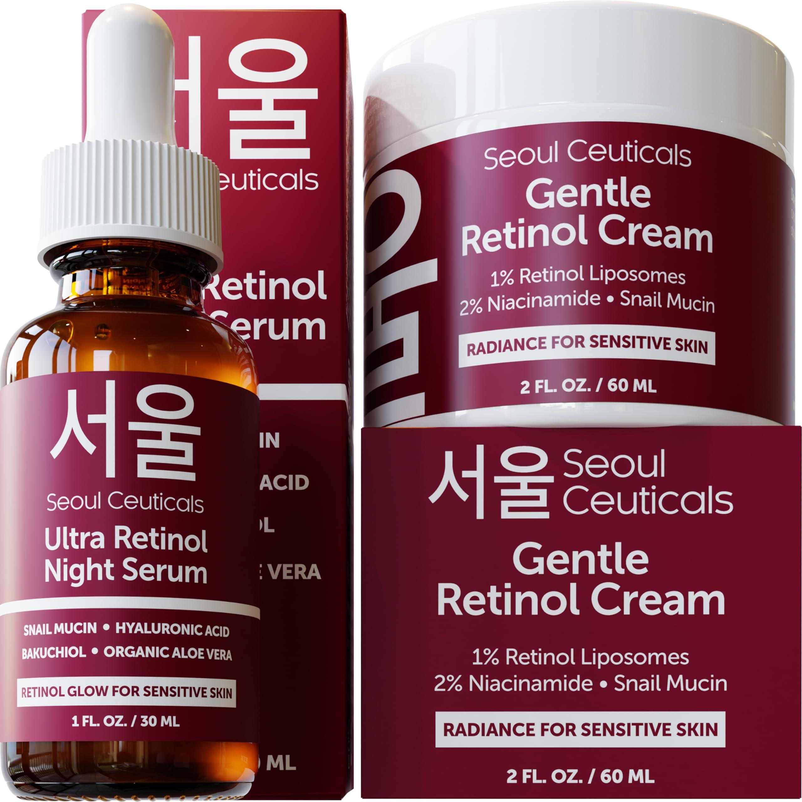 SeoulCeuticals SeoulCeuticals Korean Retinol Night Serum + Retinol Night Cream for Face + 97.5% Snail Mucin for Sensitive Skin