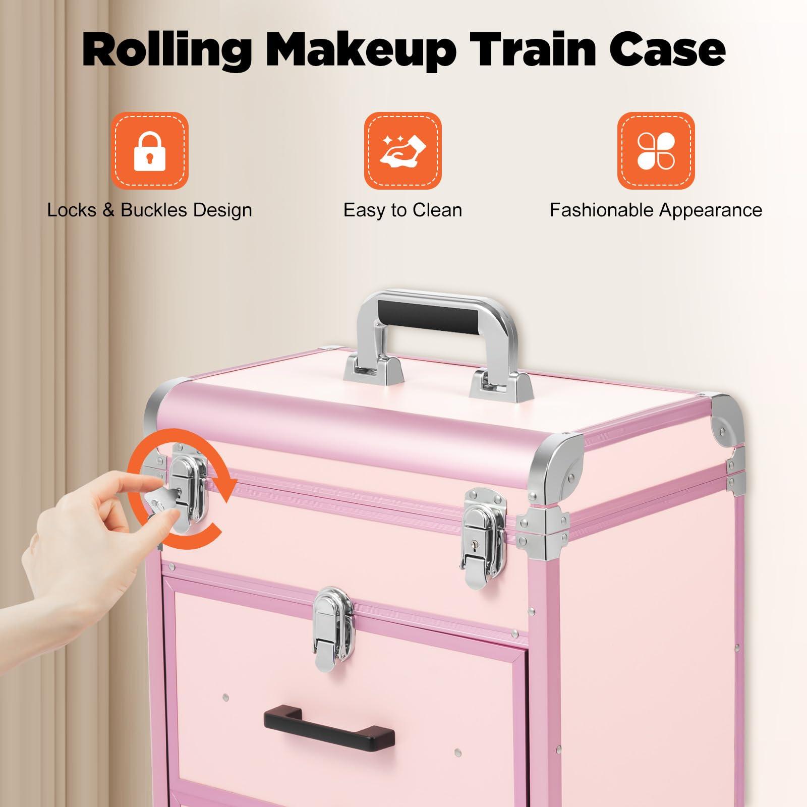 KeruRome KeruRome Professional Rolling Makeup Train Case Large Cosmetic Trolley with Locks Makeup Cart with Wheels Aluminum Nail Tech Travel Case Portable Makeup Station, Pink