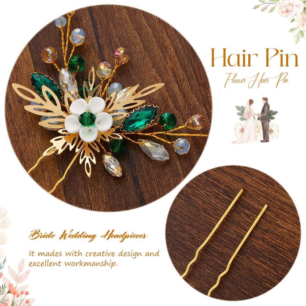 HEREAD Heread Flower Bride Wedding Hair Pins Gold Leaf Bridal Hair Pieces Green Crystal Hair Accessories for Women and Girls