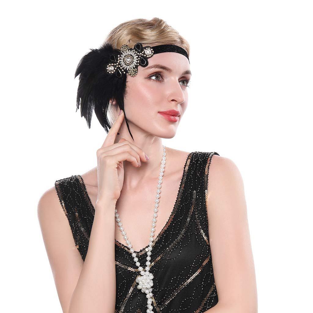 Aimimier Aimimier 1920s Flapper Feather Headband Black Beaded Crystal Headpiece with Elastic Band Costume Hair Accessories for Women
