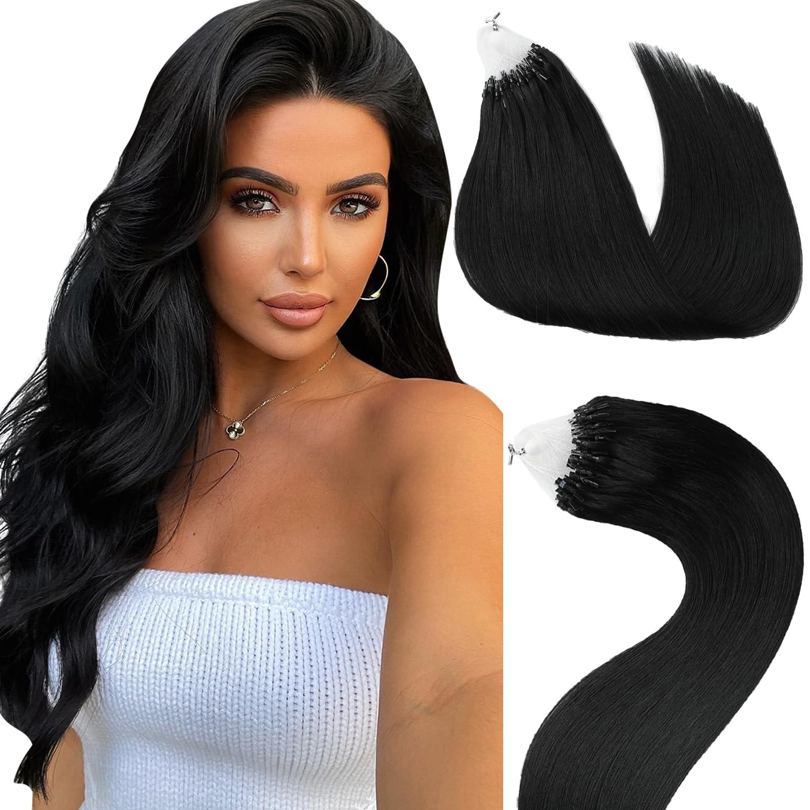 Eliysako Microlink Hair Extensions Human Hair 50g 20inch(#1) Natural Black Micro Link Hair Extensions Human Hair Microbead Hair Extensions Microloop Hair Extensions Human Hair For Women