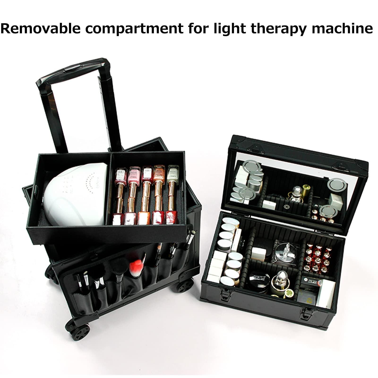 HJXGQJM HJXGQJM Rolling Makeup Trolley Train Case Cosmetic Suitcase Nail Tech Box For Makeup Artist, Aluminium Make Up Case, Combination Make-up Case,Cosmetic Case With Mirror And Light,Black cosmetic case