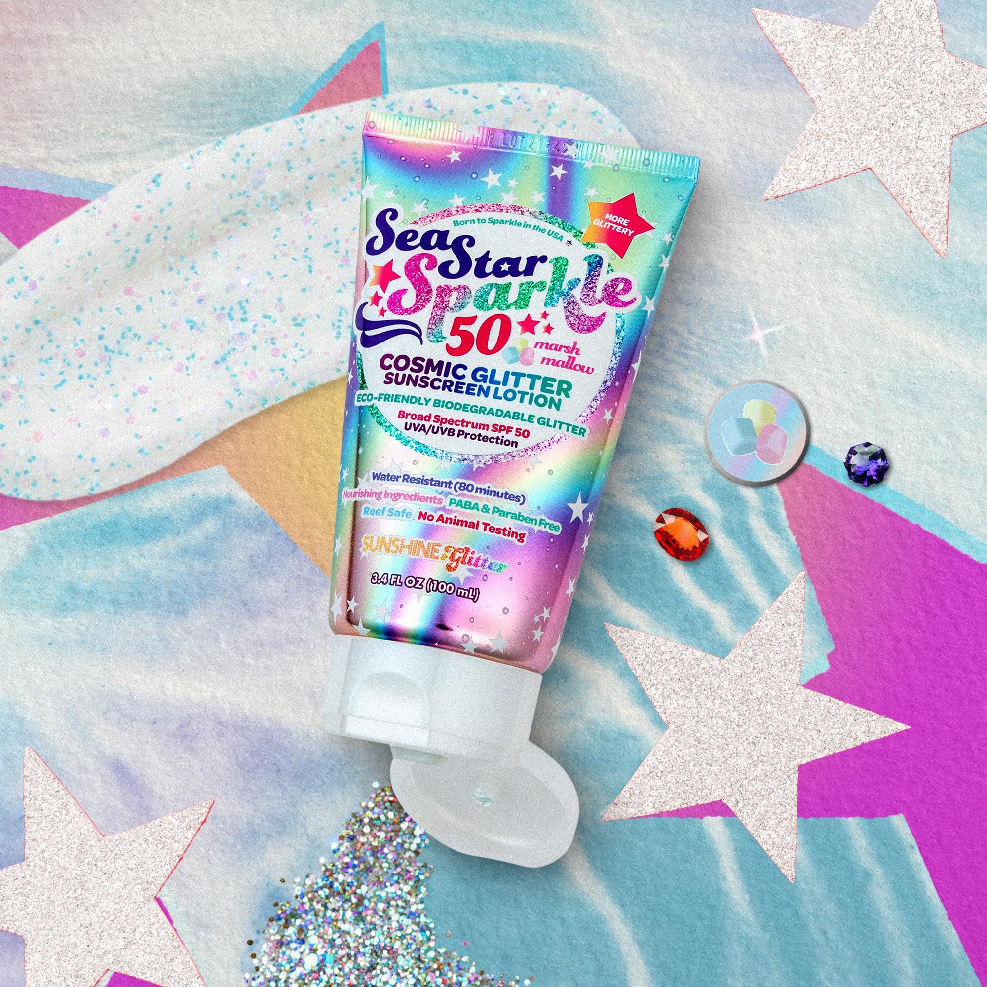 Sunshine & Glitter Seastar Sparkle - Cosmic Marshmallow Scented Glitter Sunscreen Lotion - SPF 50 - Biodegradable Sunscreen, Kids, Water Resistant, Glitter lotion, Cruelty Free, Kids Lotion, Made in USA, 3.4oz