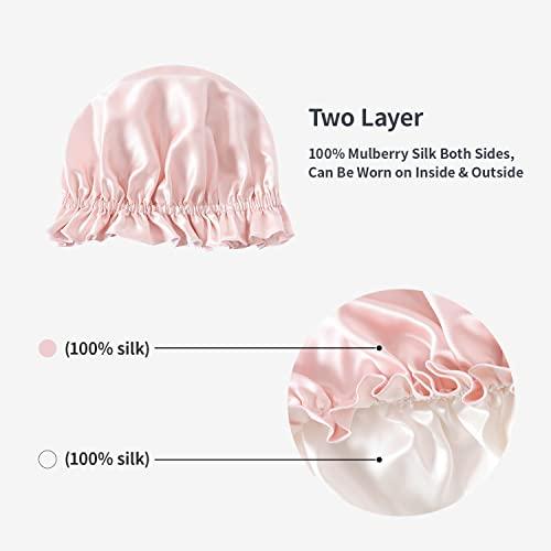 ZIMASILK ZIMASILK 100% Mulberry Silk Bonnet for Women Hair Care, Double Layered, Silk Hair Wrap for Sleeping with Elastic Stay On Head (1Pc, Pink+Ivory)