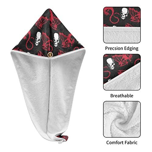 Poeticcity Seamless White Skull and Red Wing Flying Dragon on Dark Black 2 Packs Hair Towel Wrap, Absorbent Turban Bath Hair Towel Hat, Quick Drying Hair Towel with Button for Curly, Long, Thick Hair