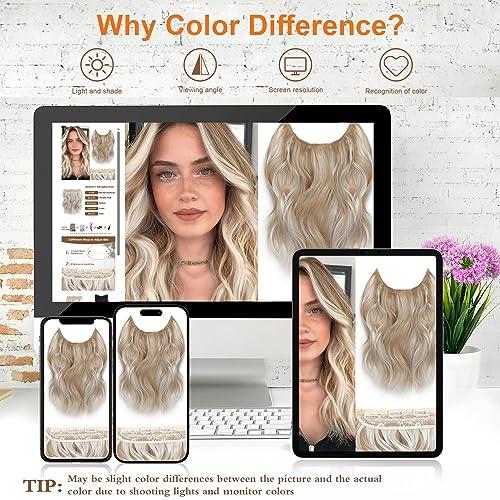 BUPPLER BUPPLER Halo Hair Extensions 12 Inch Invisible Wire Hair Extensions Adjustable Long Wavy Hair Extensions Synthetic Upgrade 4 Secure Clips in Hairpieces 12 Inch, Dark Golden Mix Platinum Blonde