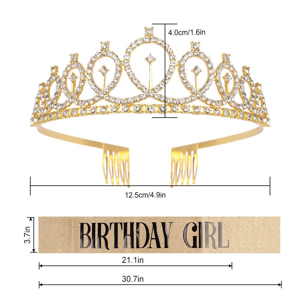Didder Didder Birthday Crown, Gold Birthday Girl Sash & Rhinestone Tiara Set, Birthday Tiara Birthday Crowns for Women Birthday Sash and Tiaras for Women Girls Birthday Gifts Party Accessories