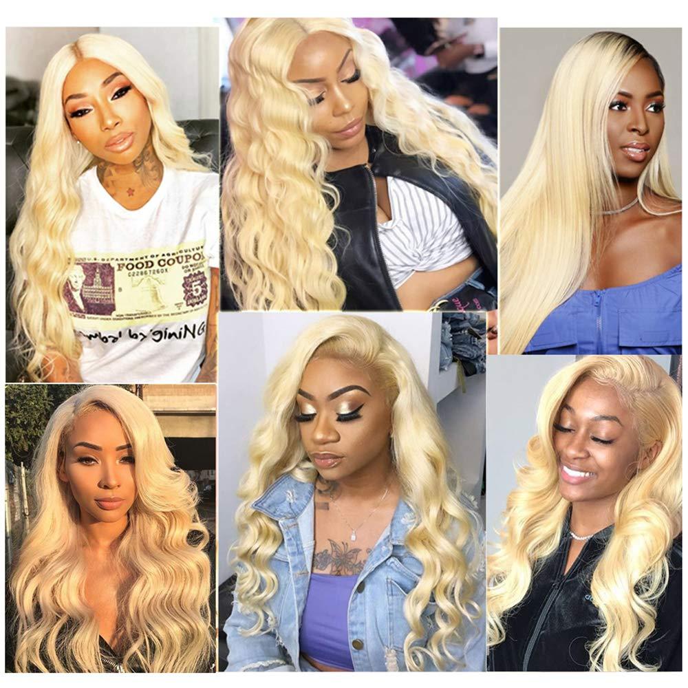 rcmei 613 Bundles with Frontal Peruvian Hair Blonde Body Wave Human Hair Bundles with Transparent Color Lace Frontal with Baby Hair Ear to Ear Honey Blonde Remy Hair Can Be Dyed (161618+14 inch, 613)