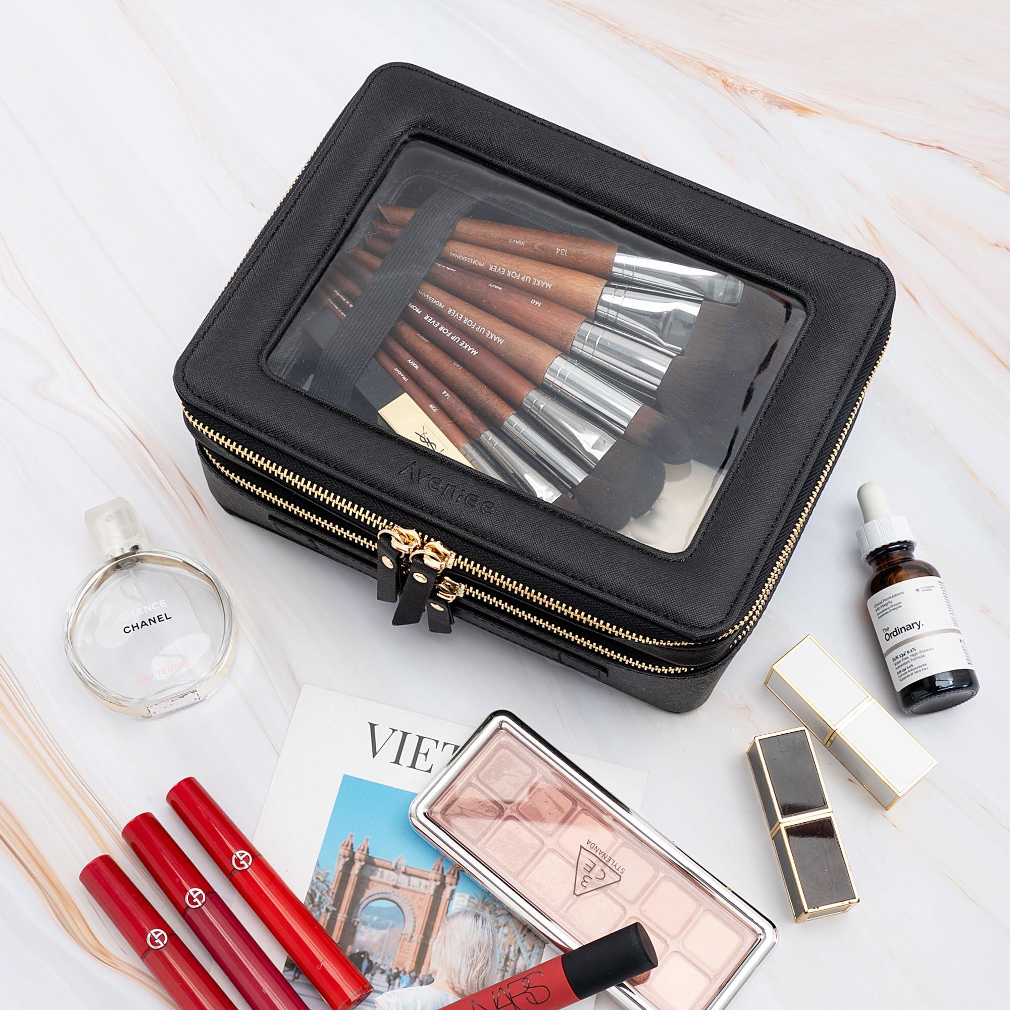 Aveniee Aveniee Clear Makeup Bags, Double Layer Cosmetic Bags with a Separate Brush Compartment, Travel Toiletry Bag Train Case for Women, Travel Accessories Organizer for Purse(2 Layers Large, Black)