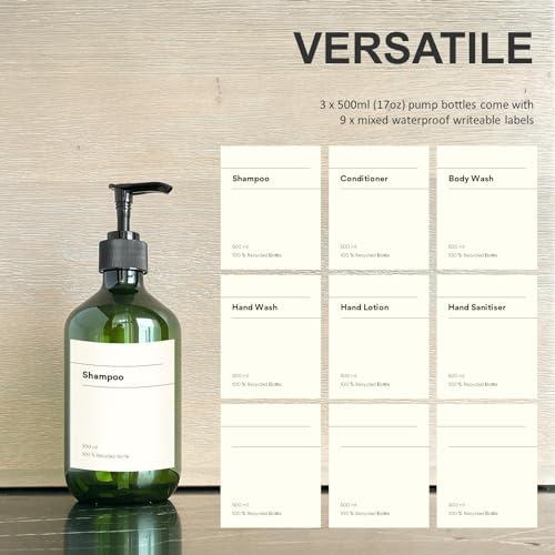 Native Green Recycled Plastic Pump Bottle Dispenser 3 x 500ml, Bathroom Bottles with Labels, Empty Refillable Shampoo and Conditioner Dispenser Bottle with Pump for Liquid Hand Soap, Shower Gel, Body Wash, Lotion