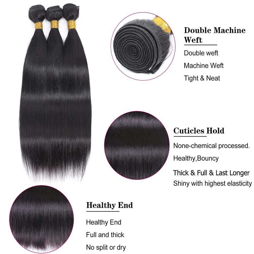 YOUNGHANN Human Hair Bundles Natural Black Color Straight Human Hair Bundles 8A Grade Unprocessed Brazzilian Virgin Hair 3 Bundles 12 12 12 Inch Straight Bundles Human Hair Weave