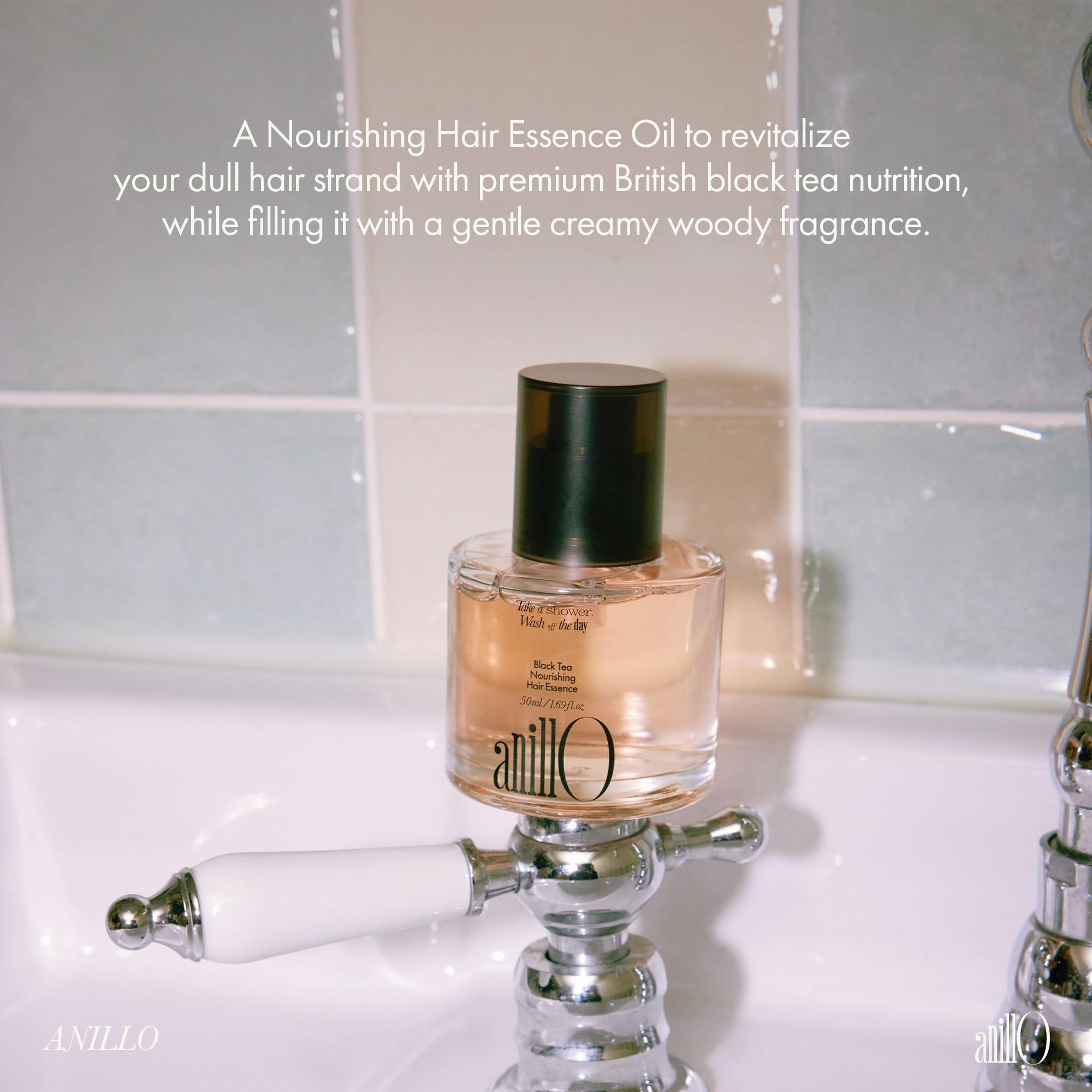 ANILLO Black Tea Nourishing Hair Essence with Green Tea, Protein & Biotin for Nourishment and Shine, Creamy Woody Scent, Paraben-Free (50ml / 1.69 fl. Oz)