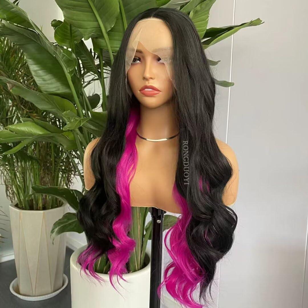 RONGDUOYI Half Black Half Pink Lace Front Wigs for Women Long Body Wave Synthetic Hair Glueless Natural Hairline Daily Use Hot Pink Highlights Cosplay Wig