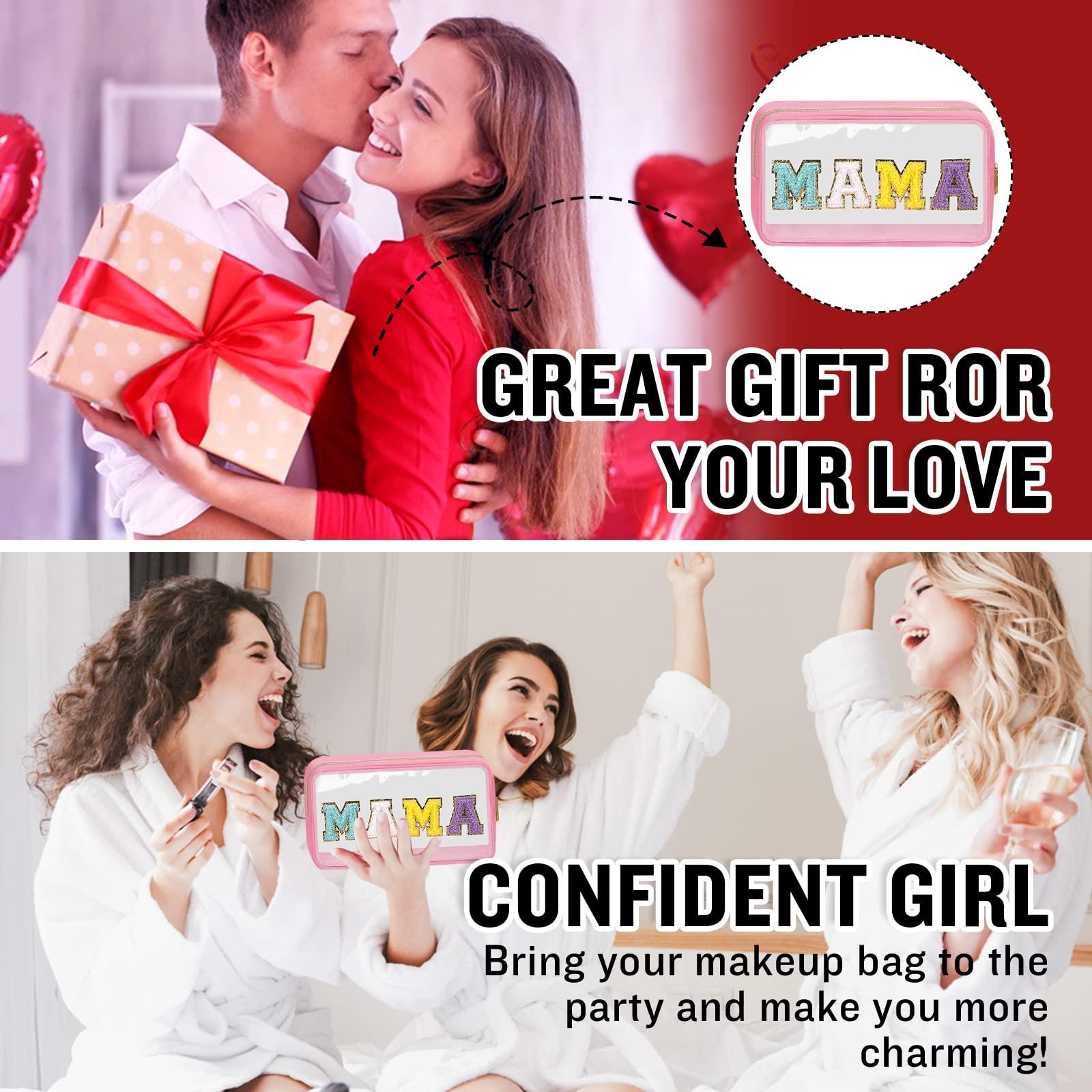 izuzta Chenille Letter Clear Makeup Bags Mama Pouch, Preppy Patch Makeup Bag with Zipper, Transparent PVC & Nylon Waterproof Portable Glitter Cosmetic Bag Travel Toiletry Storage for Women Girl(MAMA-Pink)