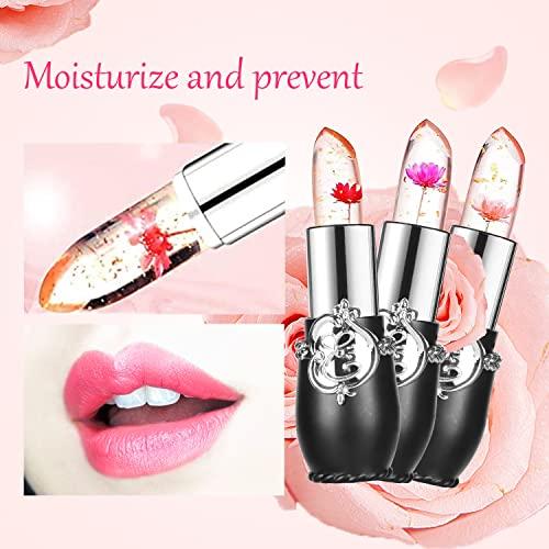 Sulily Sulily 6 Pcs Crystal Flower Jelly Lipstick Long Lasting Nutritious Lip Moisturizer Lip Gloss Balm, Lips Moisturizer Magic Color Change with Temperature Mood Lip Gloss(Black)