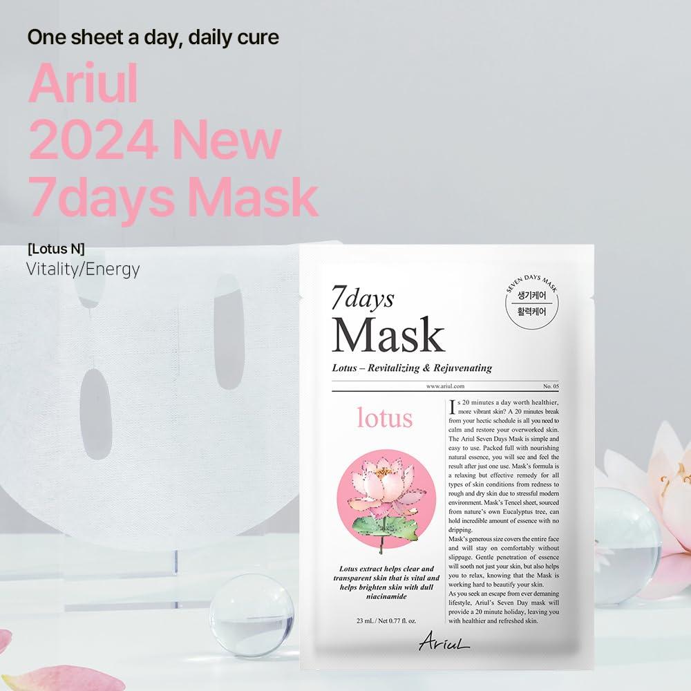Ariul Ariul Sheet mask New Seven Days Daily Care Essential Mask 10 Pack (Lotus N) Vitality, Energy | Korean SkinCare Facial Moisturizing