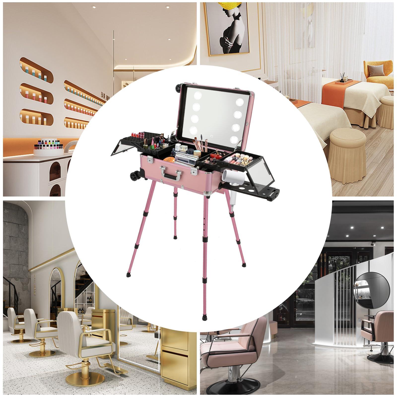LEYSRIS Rolling Makeup Case Cosmetic Case with 8 LED Light, 3-Tier 110.23 lbs Adjustable Height Pink Trolley Makeup Train Case 12v Professional Makeup Case for Nail Tech Hairstylist Barber