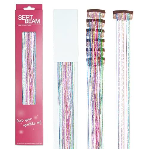 SEPTBEAM SEPTBEAM Clip in Hair Tinsel Extensions Sparkle & Highlights for Hair Seven-color 20.5 Inch 6 Pieces Dazzle Hair for Party, Christmas Gift for Kids, Girls, Women(Seven-color)