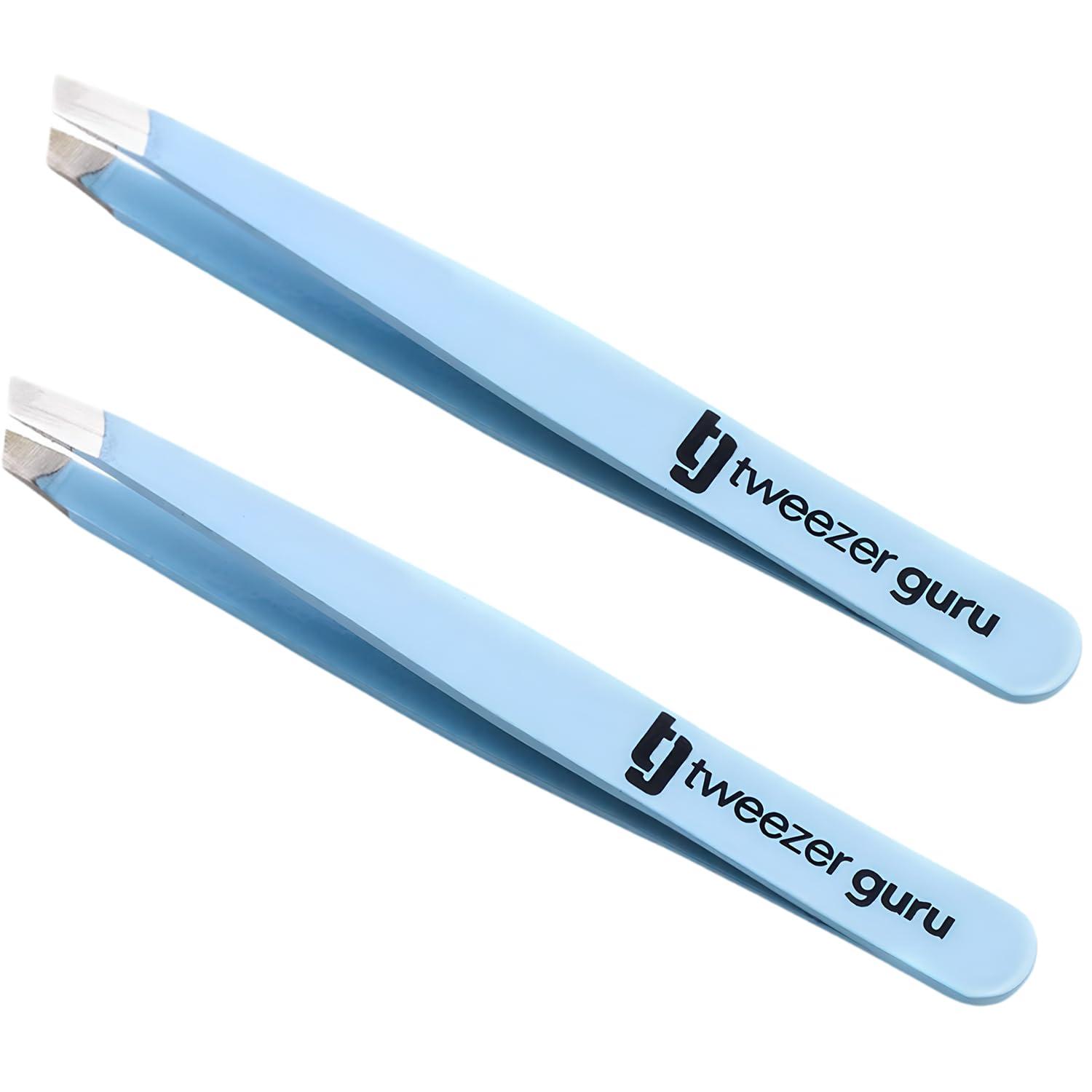 TWEEZER GURU Tweezer Guru Tweezers for Women - 2pc Slant Pointed Precision Tweezers for Eyebrows & Ingrown Hair Removal - Blackhead and Splinter Tweezer with Sharp Needle Nose Point for Plucking (Sky Blue)