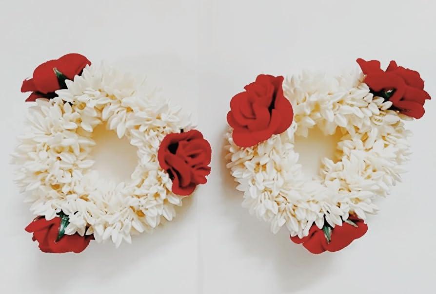 Generic Indian Culture Artificial Mogra and Red Rose Flower Hair Gajra Elastic Hairband, Rubber Band Gajra Juda Accessories Hand Rubber Band for Girl And Women (Pack of 2)