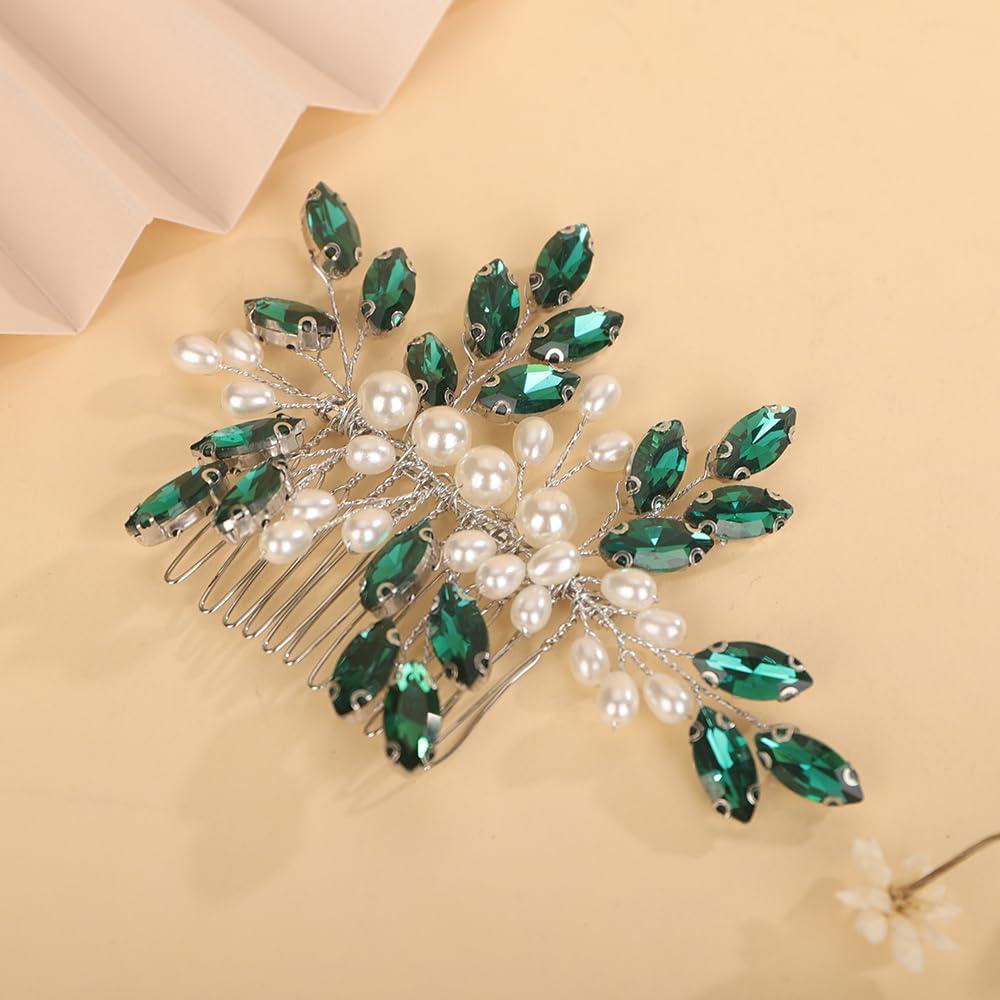 Teyglen Teyglen Emerald Green Rhinestone Wedding Hair Comb Bridal Pearl Crystal Hair Comb Hair Accessories for Bride Headpiece Hair Piece for Women (Peacock green)