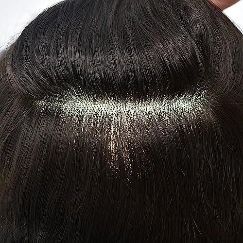 Generic Toupee For Men Fine Mono Lace Mens Toupee Men Hair Replacement Systems Human Hair Piece For Men Durable NPU Monofilament Hair Wig 6\"X8\"#1B20 Off Black+20% Gray