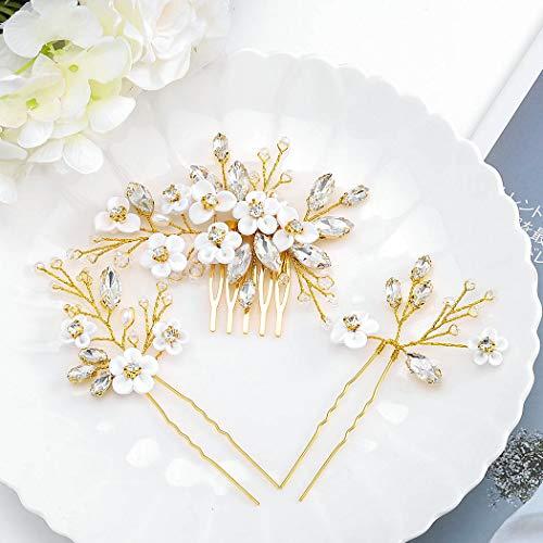 Barode Barode Bridal Wedding Hair Comb Silver Flower Rhinestone Sparkly Crystal Bride Leaf Side Combs Pearl Hair Accessories for Women and Girls (Gold)