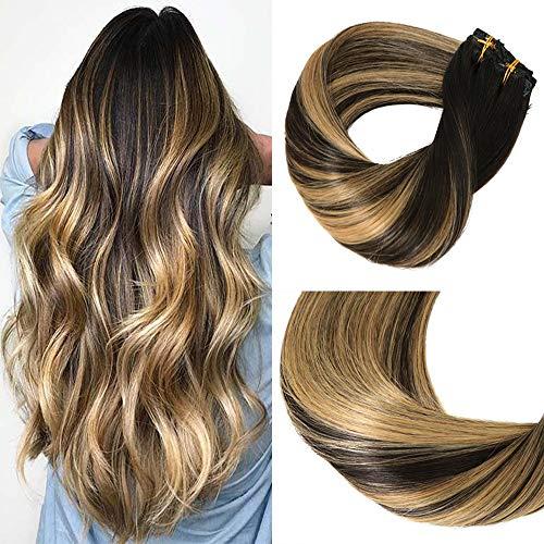 HUAYI HUAYI Caramel Highlights On Black And Natural Black Hair 120g 7Pcs Clip In Hair Extensions Human Hair Double Weft Thick End For Full Head No Tangle Silky Straight Balayage Hair (1271B#16'')