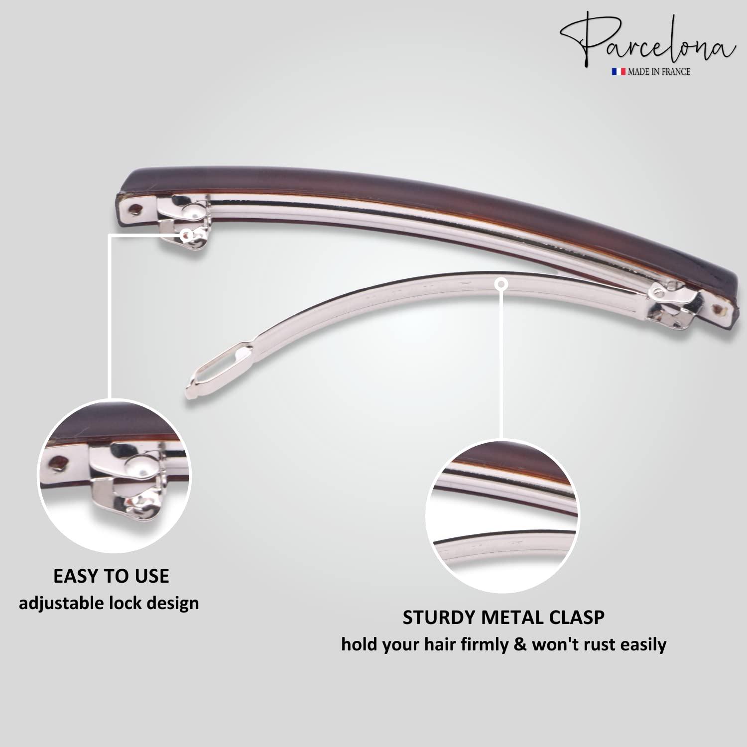 Parcelona Parcelona French Long Narrow Large Celluloid Set of 2 Acetate No Slip Automatic Hair Clips Strong Hold Hair Barrette for Women and Girls, Made in France (Tortoise Shell-Black)