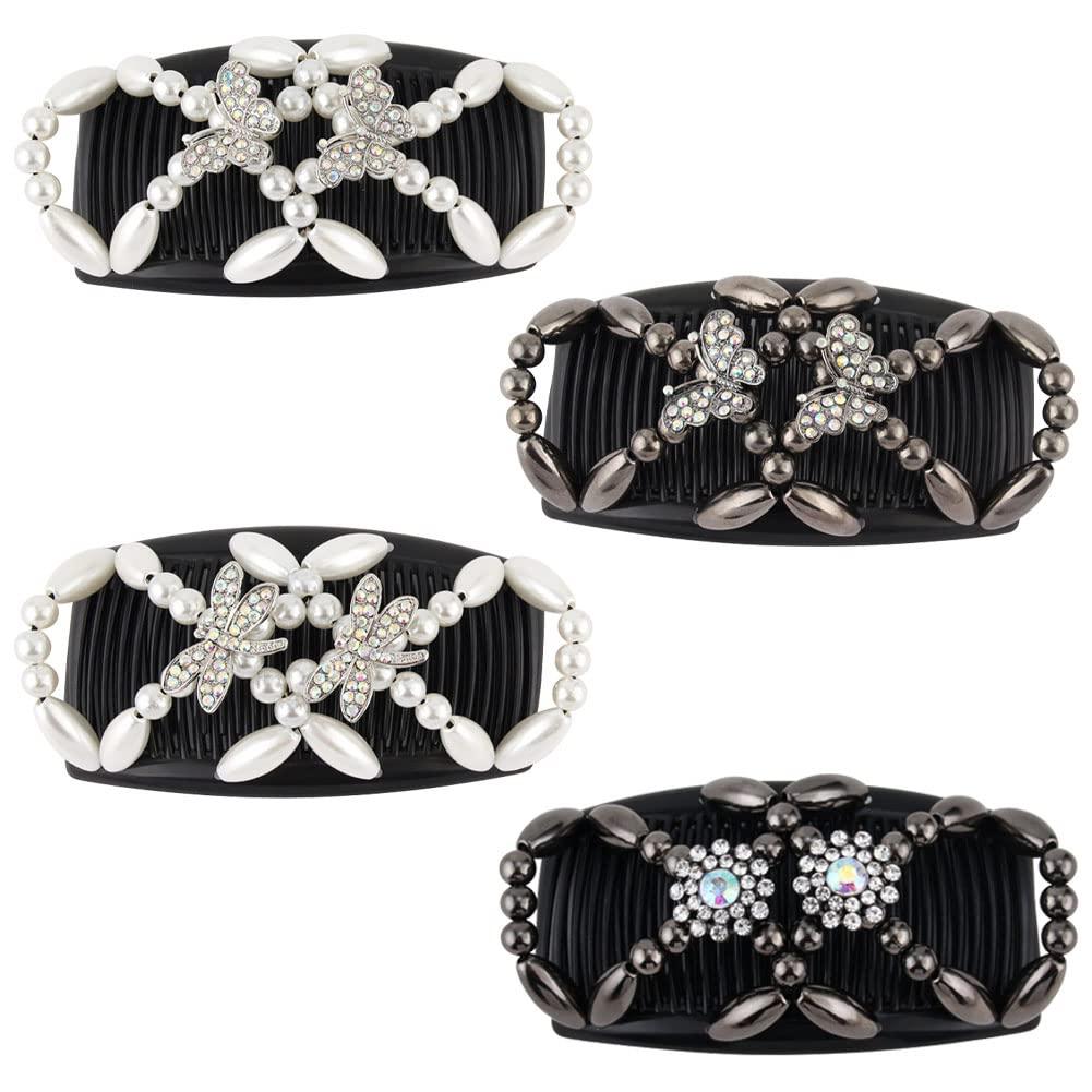ZUYYON ZUYYON 4Pcs Magic Hair Combs, Stretch Beaded Hair Combs Stretchy Double Hair Side Combs Clips Bun Maker Headwear for Women Girls DIY Hair Styling Accessories(Butterfly Dragonfly)
