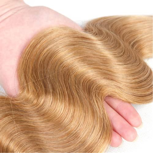 YOUNGHANN Blonde Bundles Human Hair #27 Bundles Blonde Body Wave Bundles Human Hair 14 16 18 Inch Double Weft Weave Extensions Hair Honey Blonde 3 Bundles 300g For Women