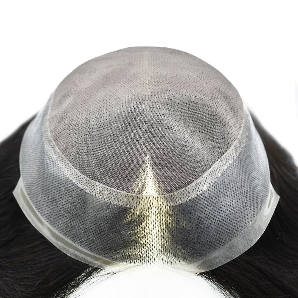 LYRICAL HAIR Toupee for Men Hair System Replacement Mens Human Hair Piece Fine Mono Mens Toupee Clear Poly Skin Around Hairpiece Monofilament Wig 6\"X8\" #1B80 Off Black+80% Gray-110% Light to Medium Density
