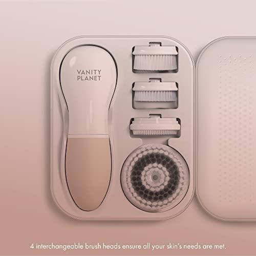 Vanity Planet Raedia Handheld Facial Cleansing Brush with 4 Interchangeable Brush Heads by Vanity Planet - Lightweight Daily Cleansing Brush for Glowing Skin - Water Resistant Face Exfoliator - Warm Grey