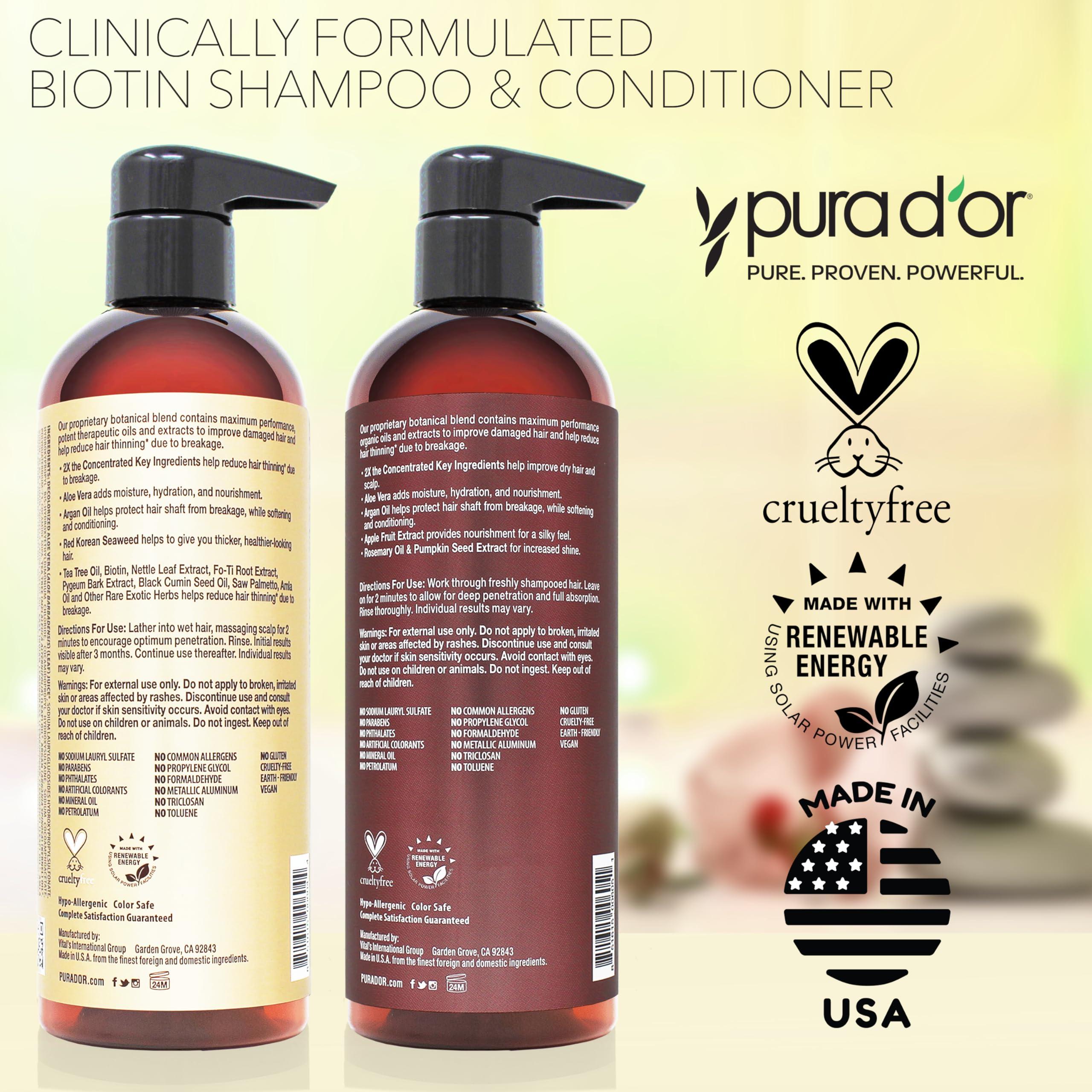 PURA D'OR PURA D\'OR Professional Grade Clinically Formulated Biotin Shampoo & Conditioner For Hair Thinning - 2X Concentrated DHT Blocker Thickening Products For Women & Men, Sulfate Free, 16oz x2