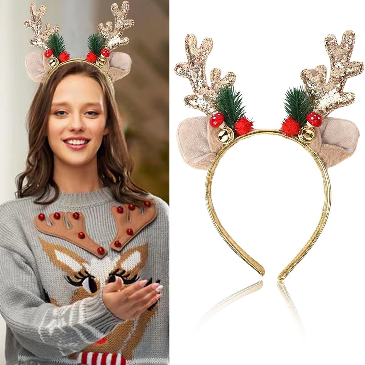 SARATA SARATA Christmas Headbands for Women Glitter Powder Bell Hair Hoop Elk Hair Band Reindeer Antlers Headband Women Girls Hair Access Headdress for Party 1PCS (Golden)