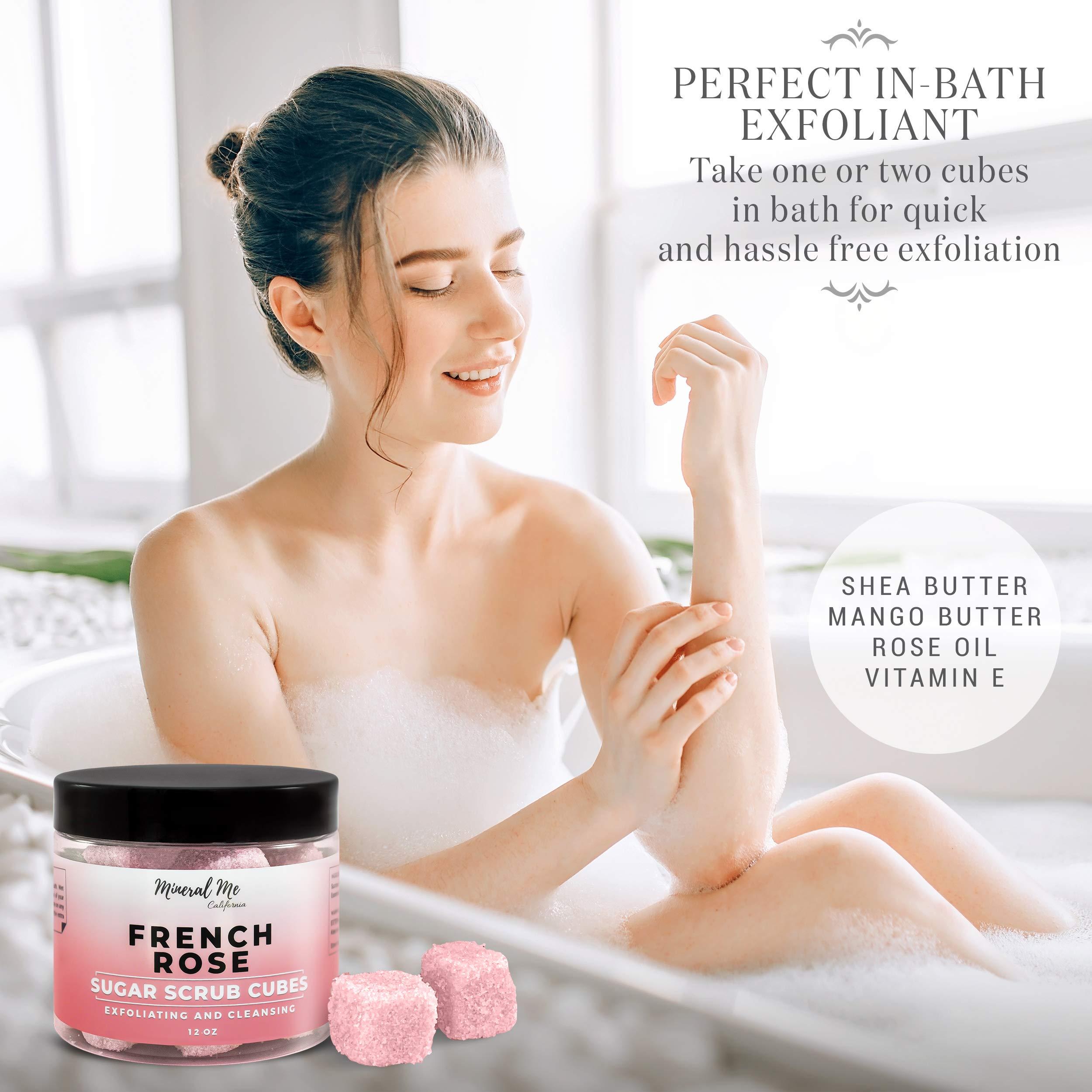 Mineral Me California Body Scrub Exfoliator - 12oz FRENCH ROSE Sugar scrub cubes w/Mango Butter & Shea butter- Ultra Hydrating & Moisturizing - Natural & Organic for all body exfoliation- For hands, arms, legs & foot
