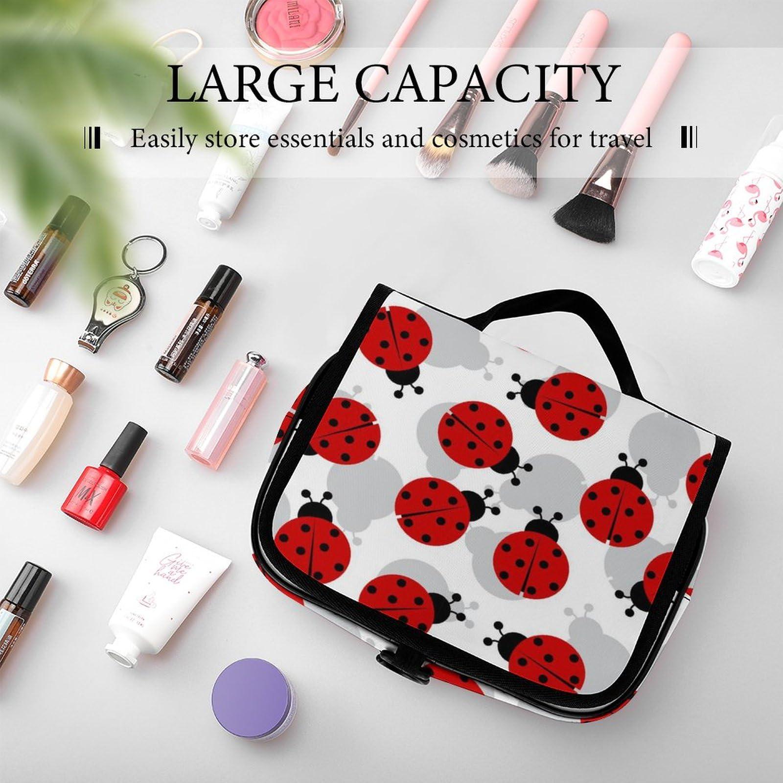 Meaudiwes Travel Hanging Toiletry Bag, Makeup Bag, Organizer Extra Large Toiletries Bag, Multifunction Cosmetic Bag For Women Men Compatible with Red Black Dots Ladybugs Pattern