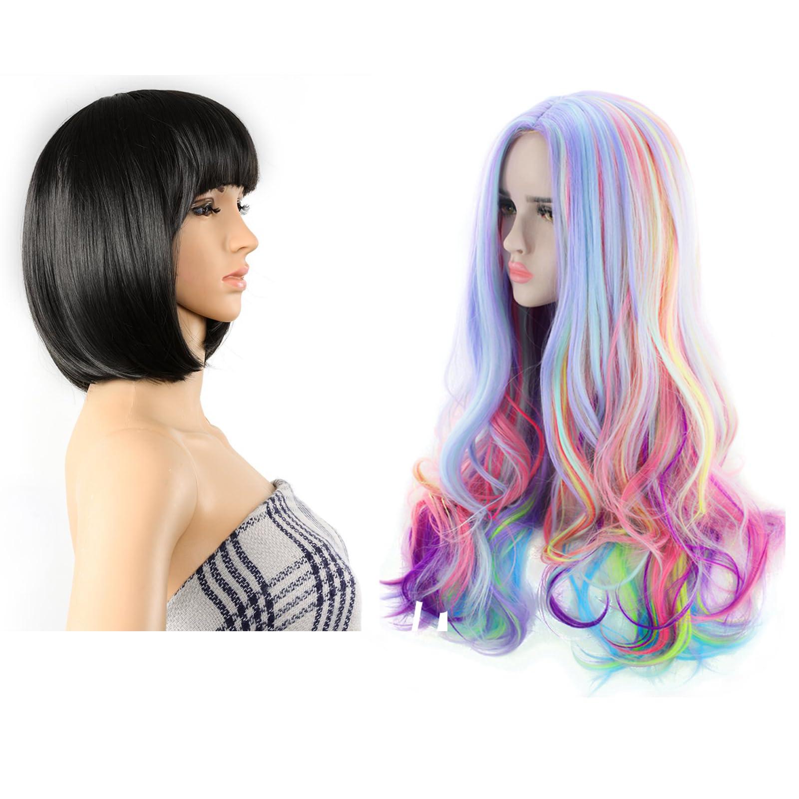 AGPTEK AGPTEK Full Long Curly Wavy Rainbow Hair Wig Bundles with 13 Inches Straight Heat Resistant Short Bob Hair Wigs for Women Cosplay Daily Party, Music Festival, Theme Parties, Wedding, Concerts, Cosplay