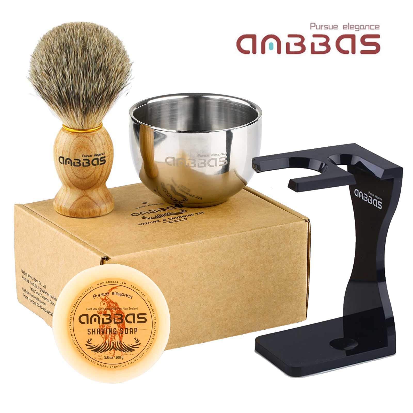 Anbbas Shaving Set, Anbbas 4in1 Pure Badger Hair Shaving Brush Solid Manchurian Ash Wood Handle,Black Broken-Resistant Acrylic Shaving Stand,Stainless Steel Shaving Bowl Dia 3.2 inch and Goat Milk Soap 100g