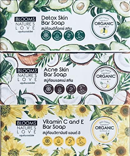 RUBIA INDUSTRIES COMPANY LIMITED Bloom Nature's Love 100% Organic Natural Bar Soap for Women & Men, 3 Bar Variety Pack, Vitamin C and E (Sunflower Oil), Acne Skin (Coconut Oil), and Detox Skin (Avocado Oil)