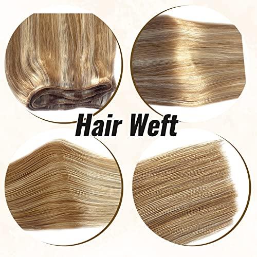 Benafee Hand Tied Weft Hair Extensions Human Hair Bundles Caramel Blonde to Bleach Blonde Sew in Hair Bundles Invisible Beaded Weft Extensions Human Hair Extensions Sew in Human Hair Weave Bundles 12” Thick