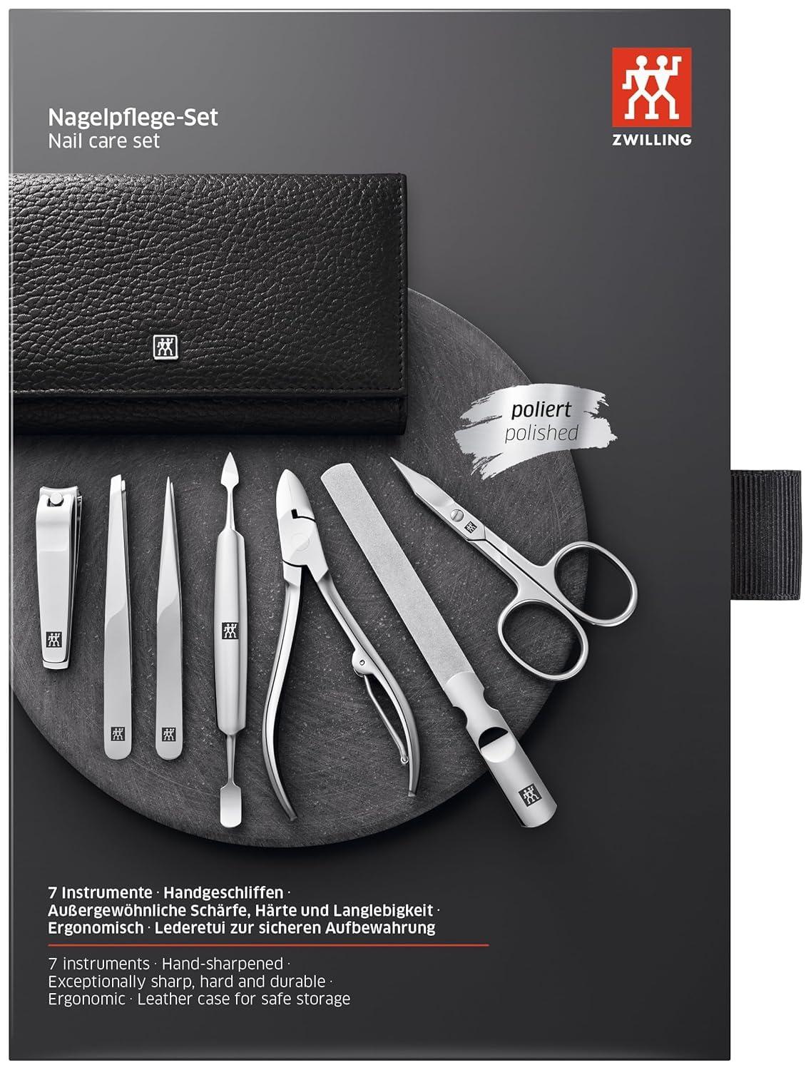 ZWILLING ZWILLING Beauty Classic INOX 8-Piece Manicure and Pedicure Nappa Leather Case with Snap Closure, Nail Care Kit, Premium Travel Nail Set, Black
