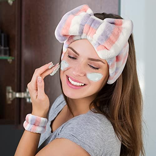 LADES LADES Spa Headband - Fluffy Face Wash Headband and Towel Wristbands for Washing Face Soft Bow Skincare Headbands Wrist Bands for Women Girls Makeup,Face Washing
