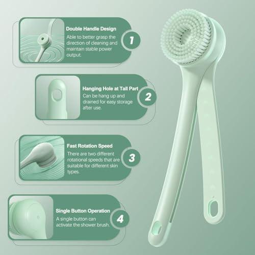 cleaner Dual Handle Bath Brush, Electric Body Brush Back Scrubber for Shower, Auto Spinning Exfoliating Massage Bath Brush Rechargeable, Rotating Body Brushes with 5 Brush Heads, Waterproof (Pink)