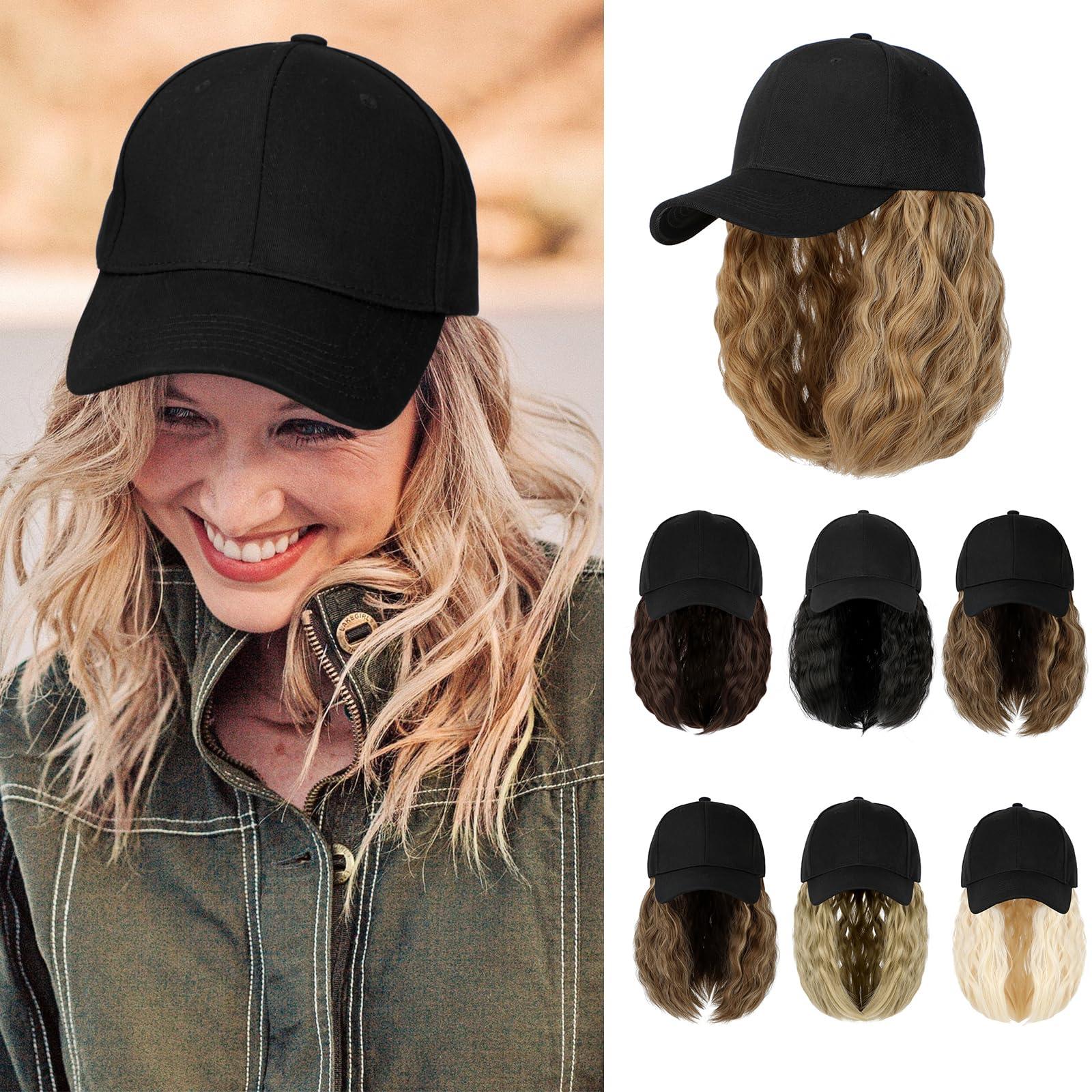 Lansigreen Lansigreen Hat Wig for Women Baseball Cap with Hair Extensions Adjustable Hat Attached 15\" Short Curly Hairpieces Synthetic Wig Ash Blonde Mix Ginger Brown