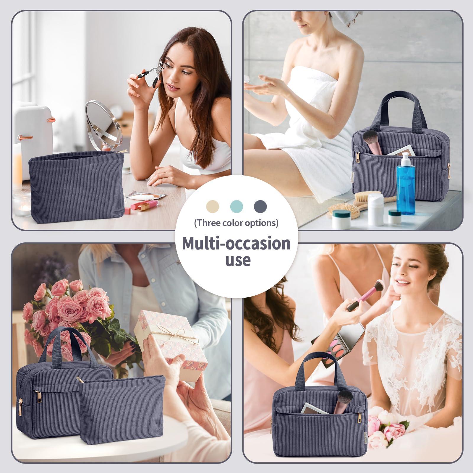 Glitzcharm 2 Pcs Makeup Bag Corduroy Make up Bag for Women Large Travel Cosmetic Bag with Zipper Makeup Pouch for Travelling Grey
