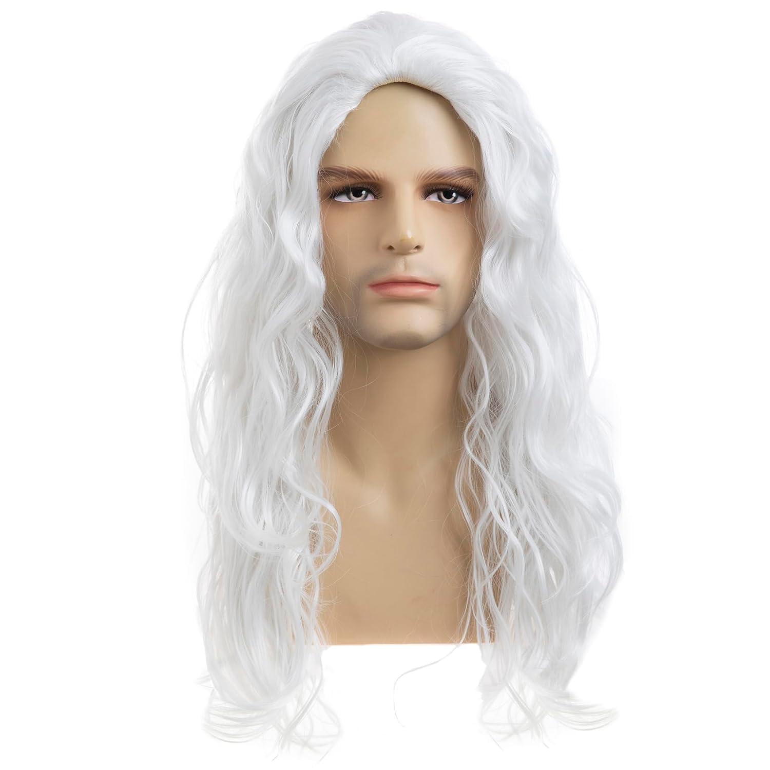Sallcks Sallcks Mens White Wig Long Curly Wavy Wig for Men Middle Part Synthetic Heat Resistant Hair Wigs for Daily Party Costume Halloween