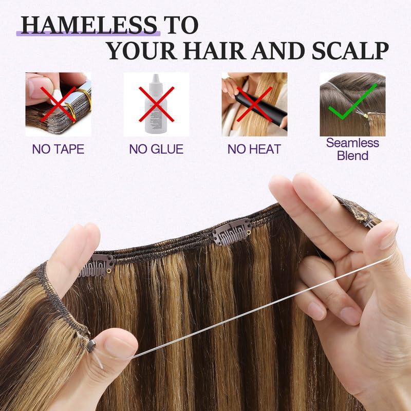 prokyvity Halo Hair Extensions Real Human Hair,Prokyvity Halo Hair Extension 100% Human Hair,Halo Extensions Real Human Hair,Human Hair Halo Extensions,4P27 Medium Brown Mixed Dark Blonde 20inch