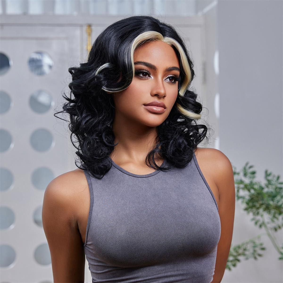INSGOGO INSGOGO Short Wigs for Black Women Heat Resistant bob Curly Black Wig Pre Plucked Natural Like Synthetic Fiber Wigs for Daily and party Use and Cosplay(black$white)