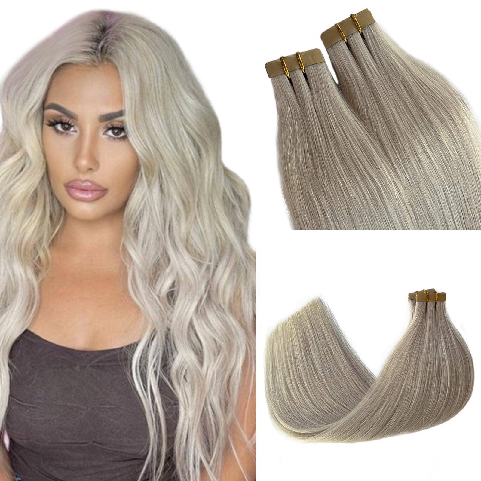 Licoville Ice Blonde Tape in Extensions 100% Real Remy Human Hair 18 Inch 50grams 20pcs Double Sided Invisible Tape in Icy Blonde Hair Extensions Silky Straight Can be Curled
